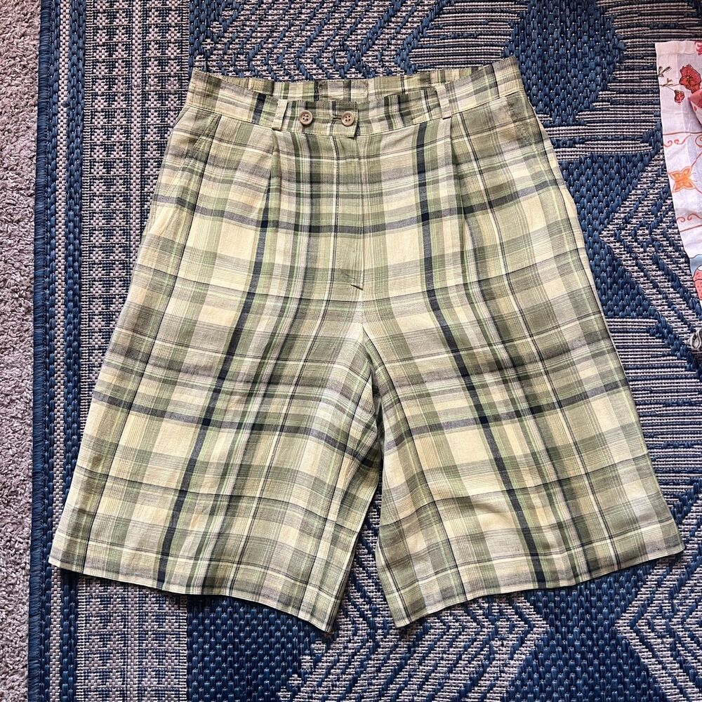 Y2K tomboy skater indie green plaid Bianca bermuda linen blend shorts size 6/8
